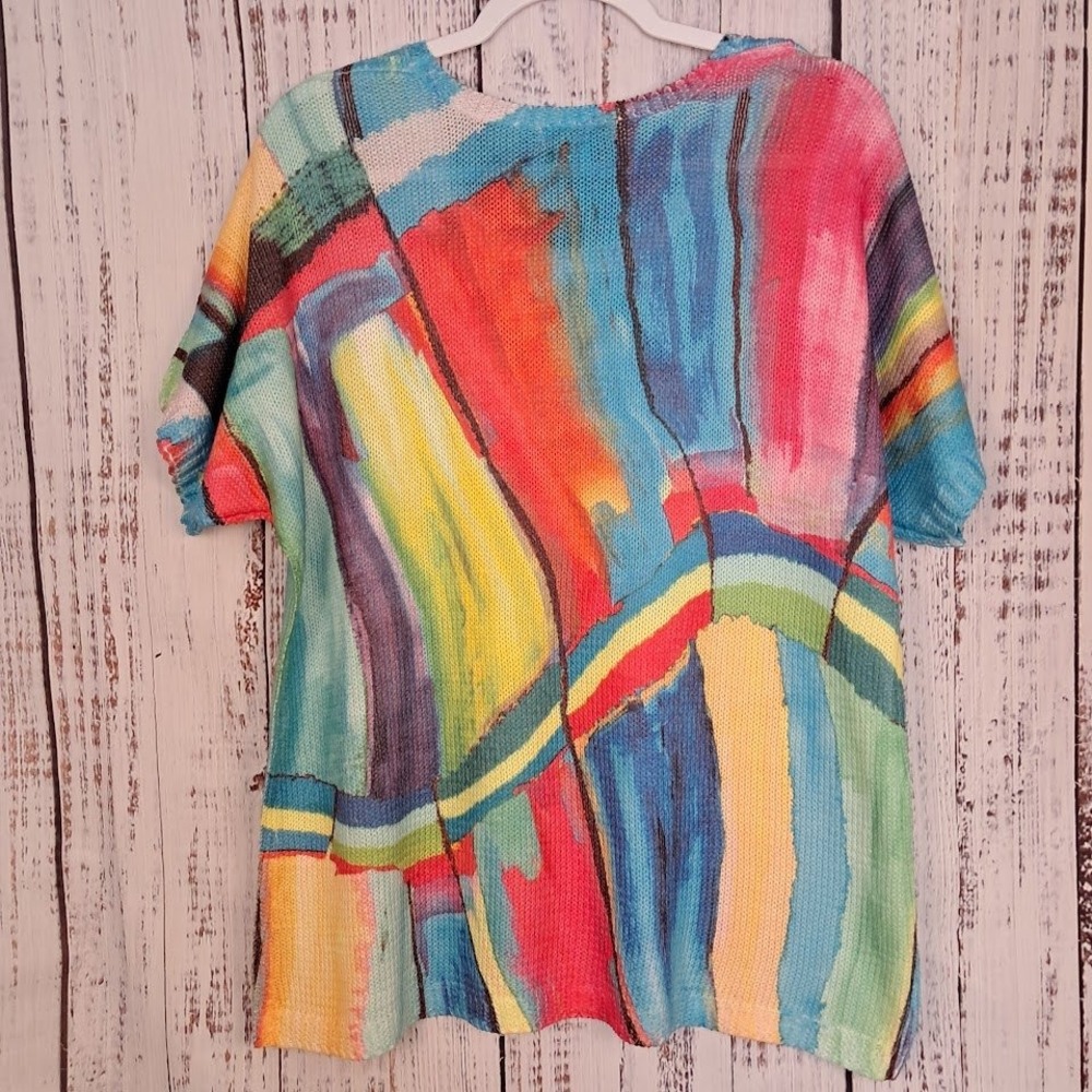 SERENGETI L Watercolor Knit Top Short Sleeve Painterly Art to Wear Bright Funky - Picture 4 of 7